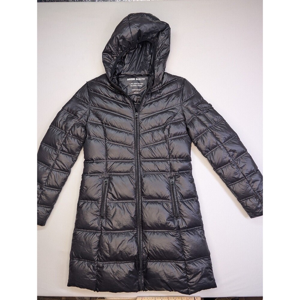 Miss Sixty Womens Ultra Lightweight Packable Down Puffer Jacket Long Hooded Sz M